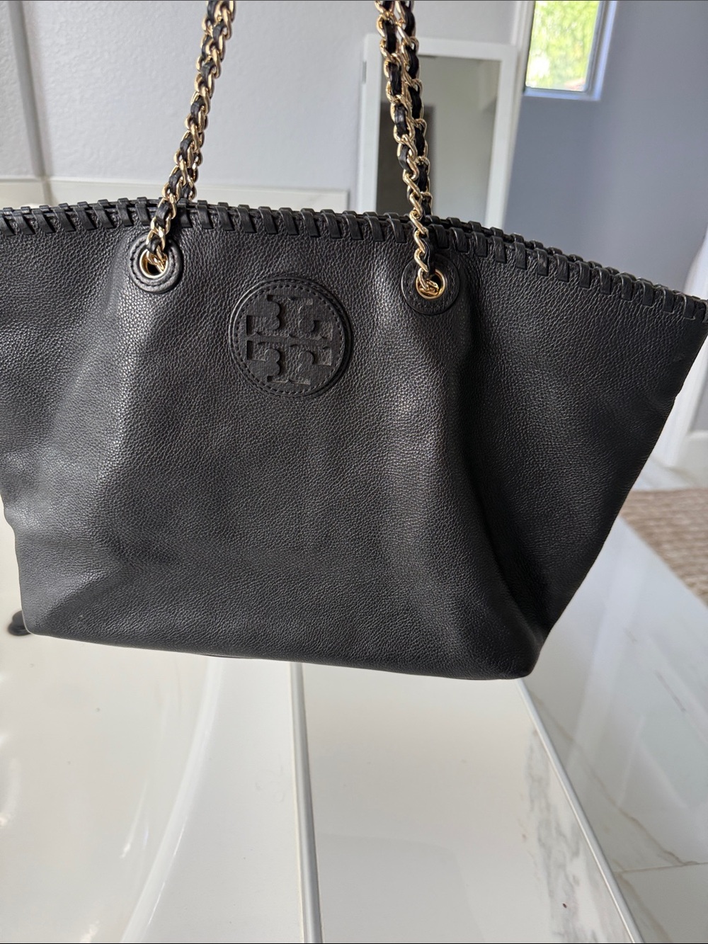 Tory Burch Black Leather Tote with Gold Chain Handles